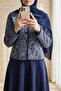 Ethnic Patterned Top Buttoned Scuba Suit - Navy - 8
