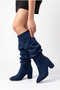 Women's Gusseted Design Thick Heeled Pointed Toe Navy Blue Suede Boots (Please Order One Size Larger) - 7