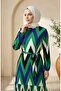Bürümcük Fabric Zigzag Patterned Hijab Dress 0580A-05 Emerald Green Black - 3