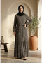 Bürümcük Fabric Floral Patterned Belted Hijab Dress 0580-01 Black Mink - 2