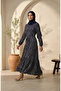 Bürümcük Fabric Floral Patterned Belted Hijab Dress 0580-02 Navy Blue Ecru