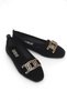 Black Suede Textured Comfortable Lightweight Daily Flat Sole Ballerinas with Gold Buckle Accessories