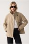 Stone Cotton Blend Stand Collar Raglan Sleeves Buttoned Side Pockets Comfortable Fit Trench Coat - 3