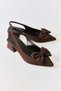 Brown Woven Fabric Thick Heeled Pointed Toe Slingback Shoes with Bow Detail