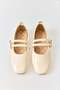 Cream Patent Leather Textured Oval Toe Flexible Sole Double Strap Short Heeled Ballerinas - 3