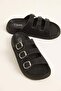 Black Glittery Flexible Three-Stripe Buckle Detailed Non-Slip Comfortable Sole Slippers