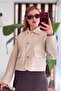 Beige Polyester Fabric Button Closure Short Form Trench Coat with Pocket Detail and Functional Design - 3