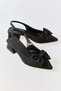 Black Thick Heeled Pointed Toe Slingback Shoes with Elastic Back Strap and Bow Detail