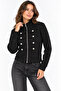 Black Stand Collar Zippered Knitted Sweatshirt with Crystal Stone Button Detail and Long Sleeves with Cuffs - 2