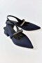 Navy Blue Flexible Sole Pointed Toe Stone Detailed Slingback Medium Thick Heeled Shoes