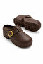 Brown Faux Leather Flat Textured Platform Sole Sabo Slippers with Gold Buckle Detail - 2