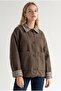 Coffee Brown Textured Plaid Collar Detailed Off-Shoulder Buttoned Double Pocket Relaxed Fit Jacket - 2