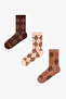 Brown Classy Diamond Baklava Patterned Cotton 3 Pair Socks