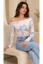 Women's Pink Patterned Off Shoulder Viscose Long Sleeve Blouse