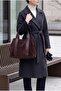 Women's Genuine Leather Suede Textured Wide Form Double Handle Stripe Detailed Daily Shoulder Bag Sorel Brown Suede - 2