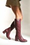 Oval Toe Side Zipper Burgundy Heeled Women's Boots