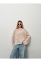 Women's Pink Star Patterned Oversize Crew Neck Knitwear Sweater - 3