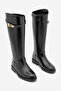 Women's Buckle Riding Boots with Bellows and No Zipper, Velote Black - 5