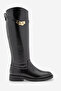 Women's Buckle Riding Boots with Bellows and No Zipper, Velote Black - 3