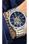 Automatic (Battery-Free) Men's Wristwatch, Silver Steel Band, Functional, Navy Blue Dial, Chain Bracelet