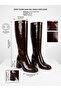 Women's Brown Patent Leather Below-The-Knee Boots with Low Thick Heels and Zipper, Stylish for Winter. - 3