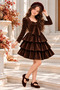 Girl's Brown Velvet Beret Bowknot Layered Special Design Dress Set – Birthday, New Year, Holiday, Special Occasion - 3