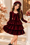 Girl's Burgundy Velvet Beret Bowknot Layered Special Design Dress Set – Birthday, New Year, Holiday, Special Occasion - 6