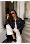 Women's Dark Jacket with Collar Detail and Pockets Denim Jacket - 3