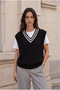 Oxford Relaxed Stripe Collar Braided V-Neck Women's Knitwear Sweater - Black - 4