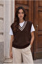 Oxford Relaxed Stripe Collar Braided V-Neck Women's Knitwear Sweater - Brown - 6