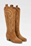 Embroidered Zipper Detailed Western Long Women's Cowboy Boots Brown