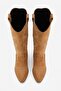 Embroidered Zipper Detailed Western Long Women's Cowboy Boots Brown - 4