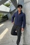 Men's Stand Collar Quilted Seasonal Navy Blue Puffer Coat - 3