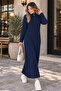 Corded Fabric Knitwear Dress K3005 Navy Blue - 2