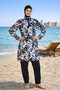 Women's Black and White Full-Covered Parachute Fabric Zippered Hijab Swimsuit