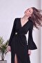 Women's V-Neck Brooch Detailed Slit Spanish Sleeve Crepe Dress Black - 6