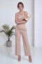 Women Strapless Asymmetric Collar Draped Blouse and Flare Pants Two Piece Set Black, Red, Beige - 3