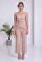 Women Strapless Asymmetric Collar Draped Blouse and Flare Pants Two Piece Set Black, Red, Beige