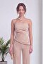 Women Strapless Asymmetric Collar Draped Blouse and Flare Pants Two Piece Set Black, Red, Beige - 4