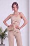 Women Strapless Asymmetric Collar Draped Blouse and Flare Pants Two Piece Set Black, Red, Beige - 2