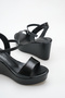 Black Wrinkled Patent Leather Women's Wedge Heeled Platform Sandals with Ankle Buckle Evening Dress Shoes - 3