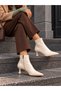 Women's Patent Leather Beige Pointed Toe Thin Heeled Winter Boots (9cm) - 4
