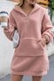 Plush Fabric Front Zippered Kangru Pocket Cuffed Hooded Loose Dress