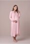 Women's Powder Lace Long Sleeve Maternity Nightgown Set with Easy Breastfeeding Feature and Dressing Gown - 4