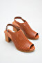 Tan Laser Cut Women's Open Toe Thick Heeled Daily Sandals