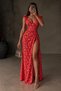 Women's Red Floral Patterned Chest-Cut Low-Cut Deep Slit Strappy Chiffon Maxi Dress