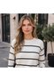 Women's White Black Striped Round Neck Knitwear Sweater - 2