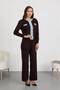 Women's Brown Denim Detailed Knitwear Double Set - Buttoned Cardigan and Wide-Legged Trousers