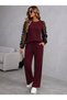 Women's Burgundy Long Sleeve Crew Neck Tulle Viscose Two Thread Blouse and Trousers Two Piece Set - 2
