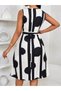 Women's Beige Striped Polka Dot Sleeveless Belted Button Detailed Flared Midi Dress - 5